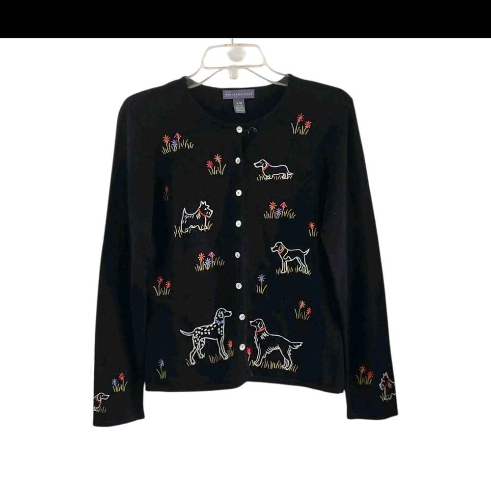 Northern Isles Black Embroidered Dog Theme Button Cardigan Sweater Womens Size M - Picture 1 of 10